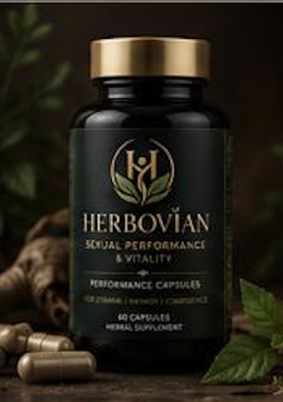 Herbovian Performance Capsules bottle photographed among natural herbs — 60 herbal capsules for stamina, endurance and confidence