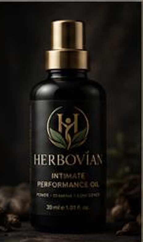Herbovian Intimate Performance Oil dropper bottle photographed among natural herbs — 30ml herbal oil for power, stamina and confidence